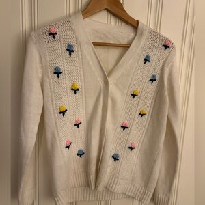 Coquette Sweater SMALL White Floral Embroidered Cardigan Dainty Cottagecore